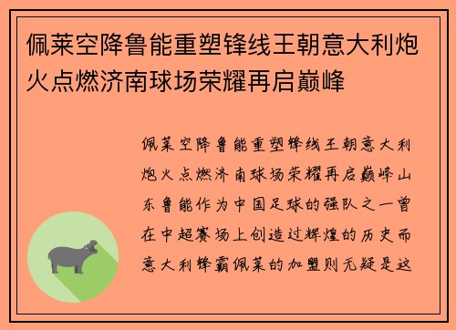 佩莱空降鲁能重塑锋线王朝意大利炮火点燃济南球场荣耀再启巅峰